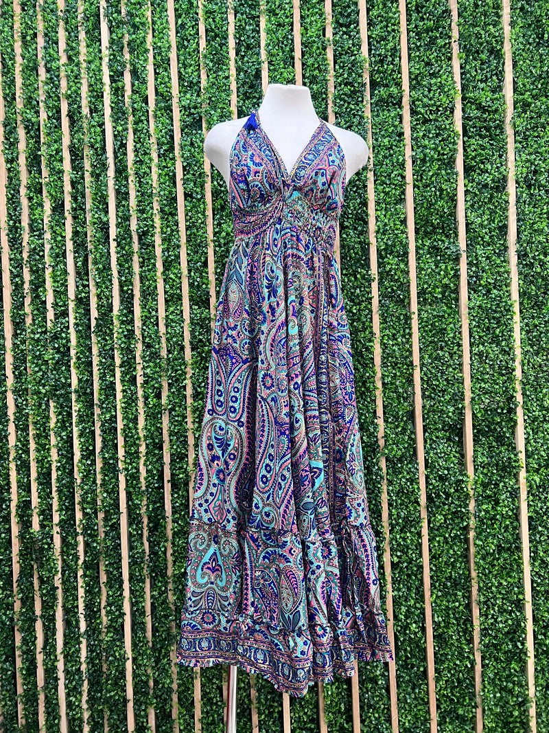 Paisley Smocked Waist Halter Maxi Dress