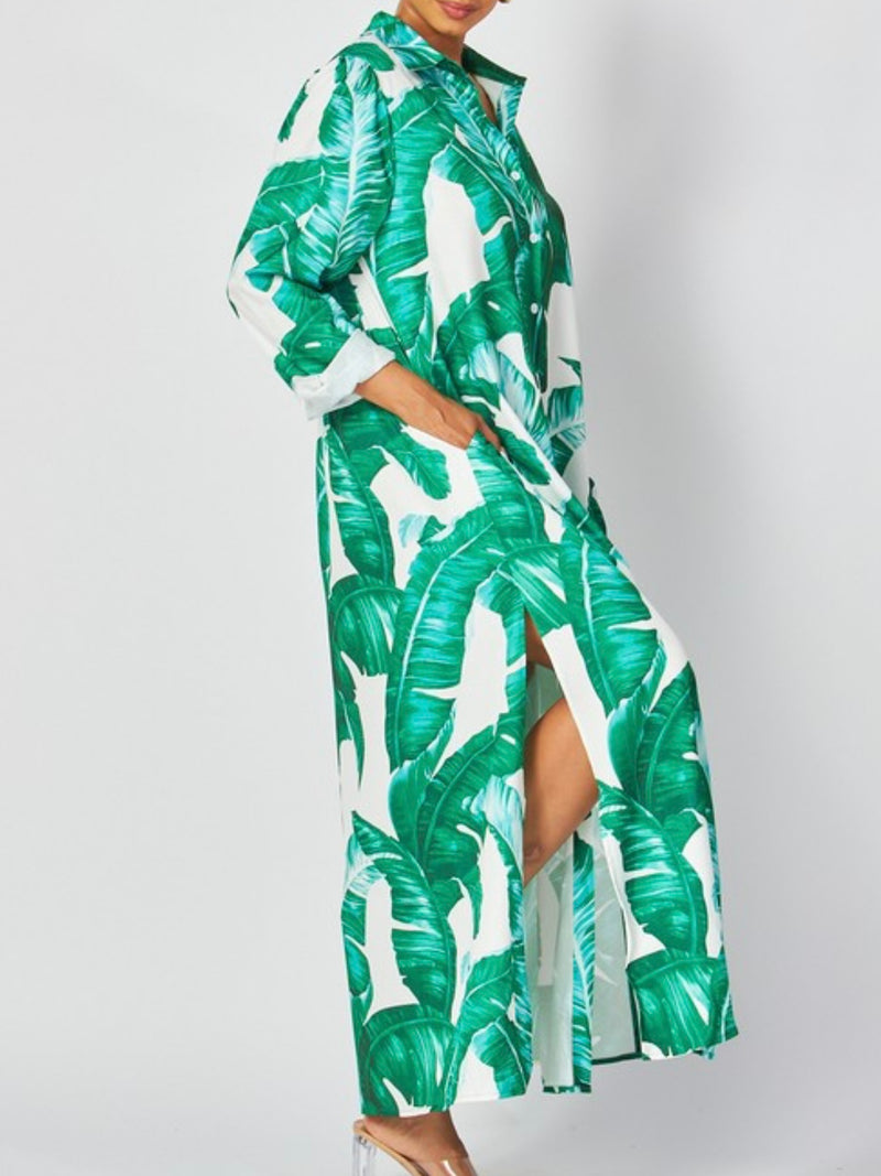 Green Tropical Leaves Blouse Midi Dress