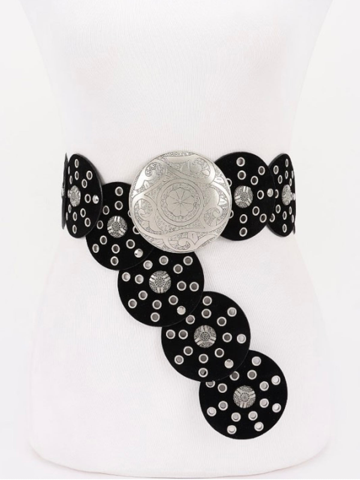 Black Silver Studded Faux Leather Disc Belt