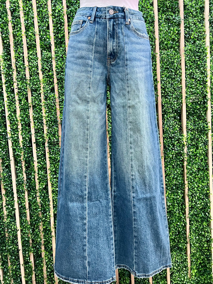 Front Pleat Stitch Wide Leg Denim Pant