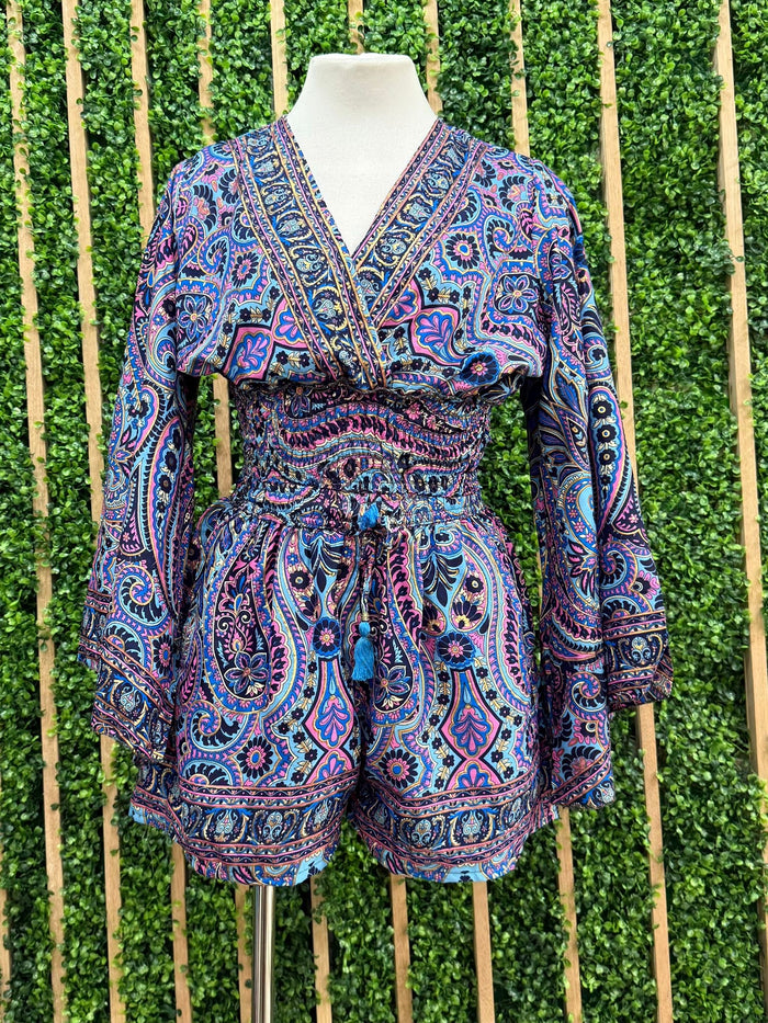 Paisley V Neck Blouse Short Pant Set