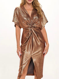 Festive Copper Foil Front Twist Midi Dres