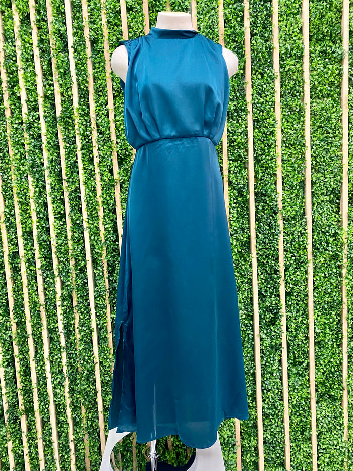 Teal Pleated Neck Midi Dress