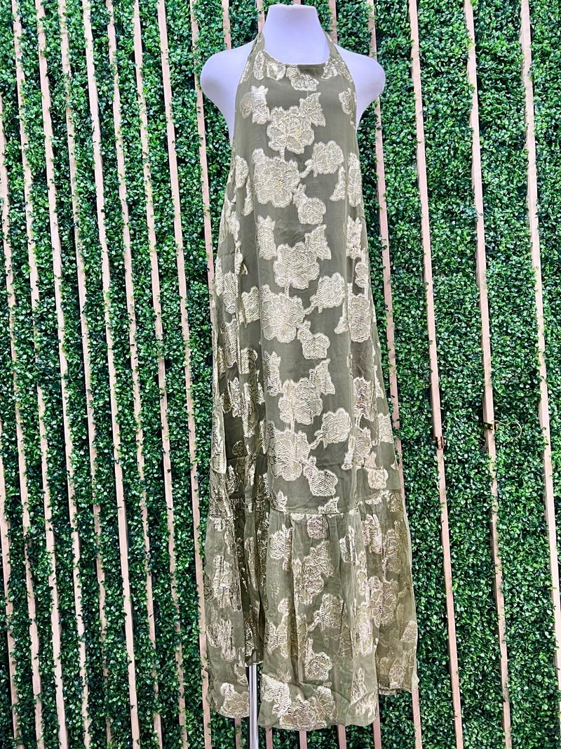 Gold Floral Embroidery Halter Maxi Dress