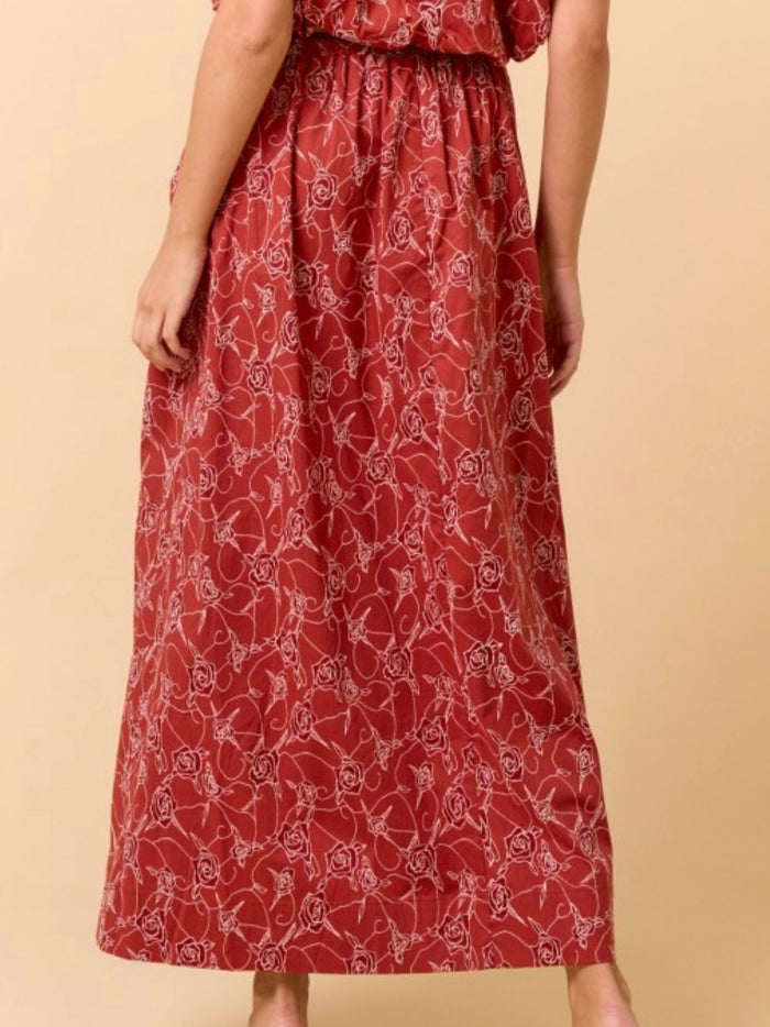 Terracotta Floral Gold floral Detail Midi Skirt