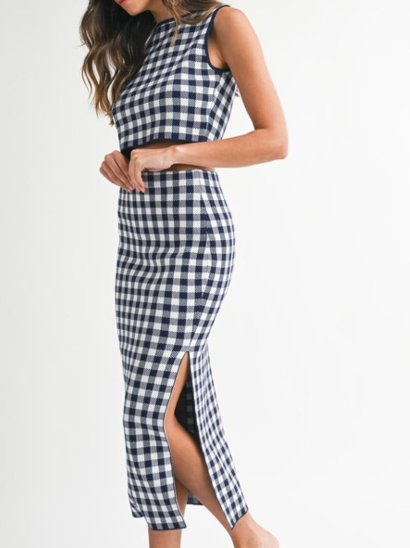 Beautiful Knit Navy Gingham Midi Skirt