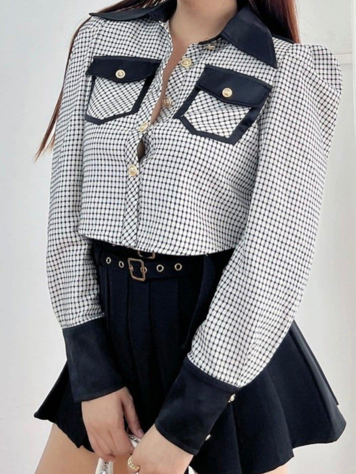 Black White Puff Sleeve Plaid Blouse