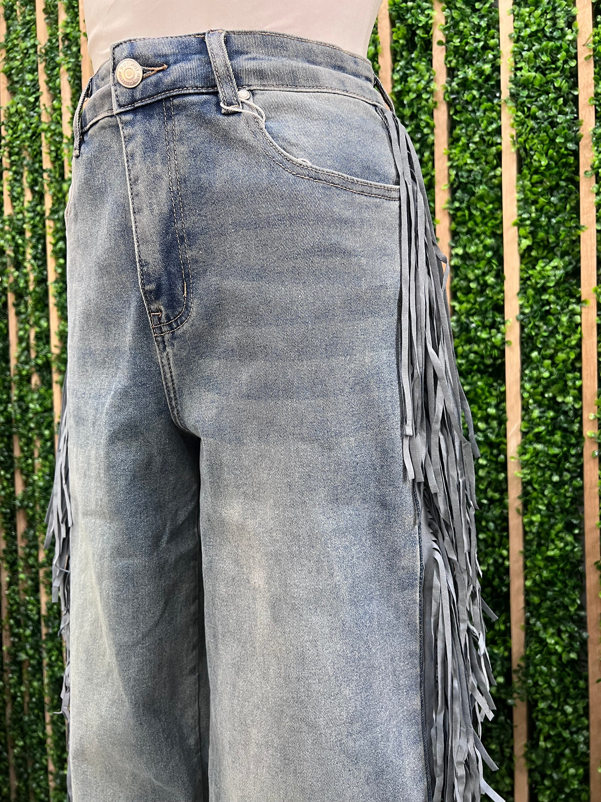 Side Denim Fringe Wide Leg Denim