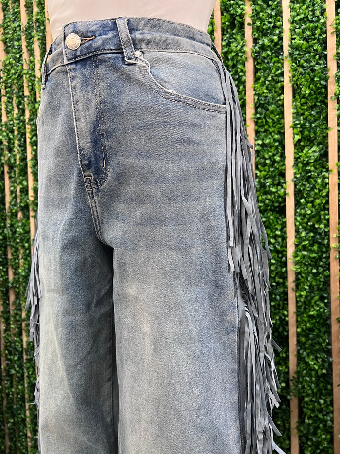 Side Denim Fringe Wide Leg Denim
