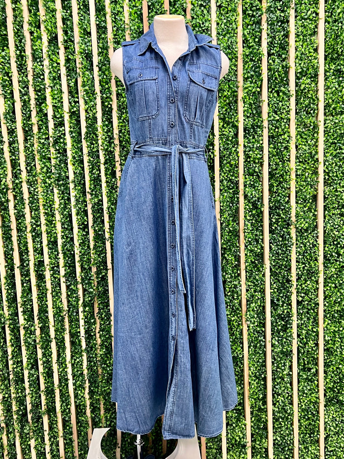 Sleveless Button Down Denim Maxi Dress