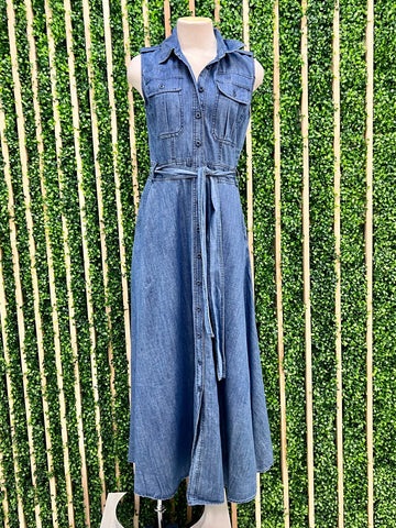 Crochet Detail Blue Stripe Maxi Dress