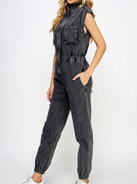 Black High Neck Denim Jumpsuit