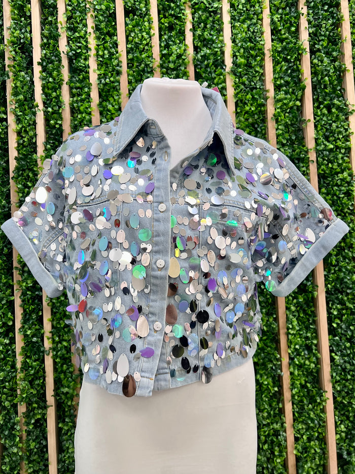 Large Sequin Denim Crop Blouse