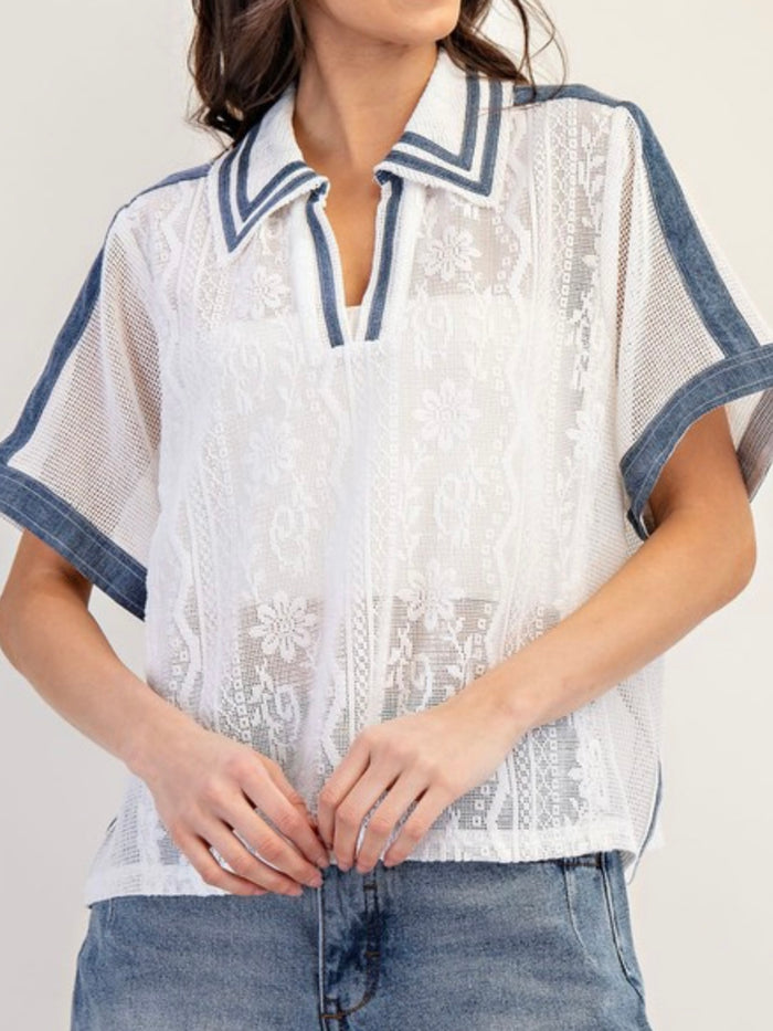 Denim Trim White Lace Button Down Blouse