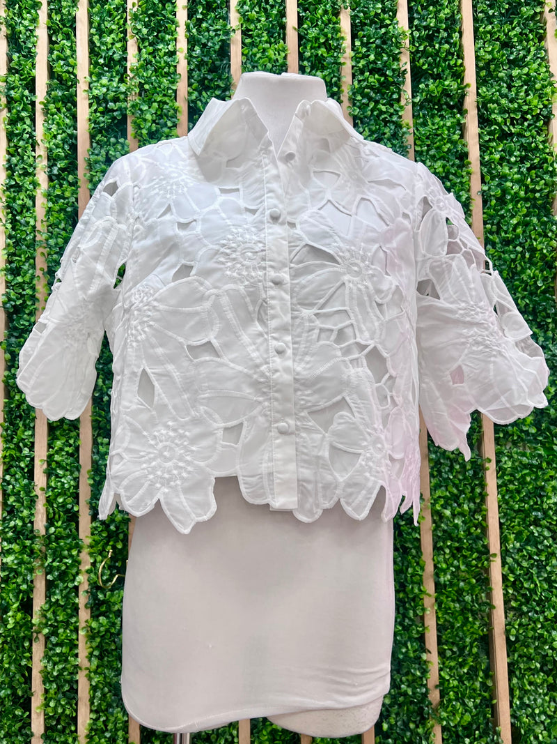 Beautiful White Cutout Floral Lace Crop Blouse