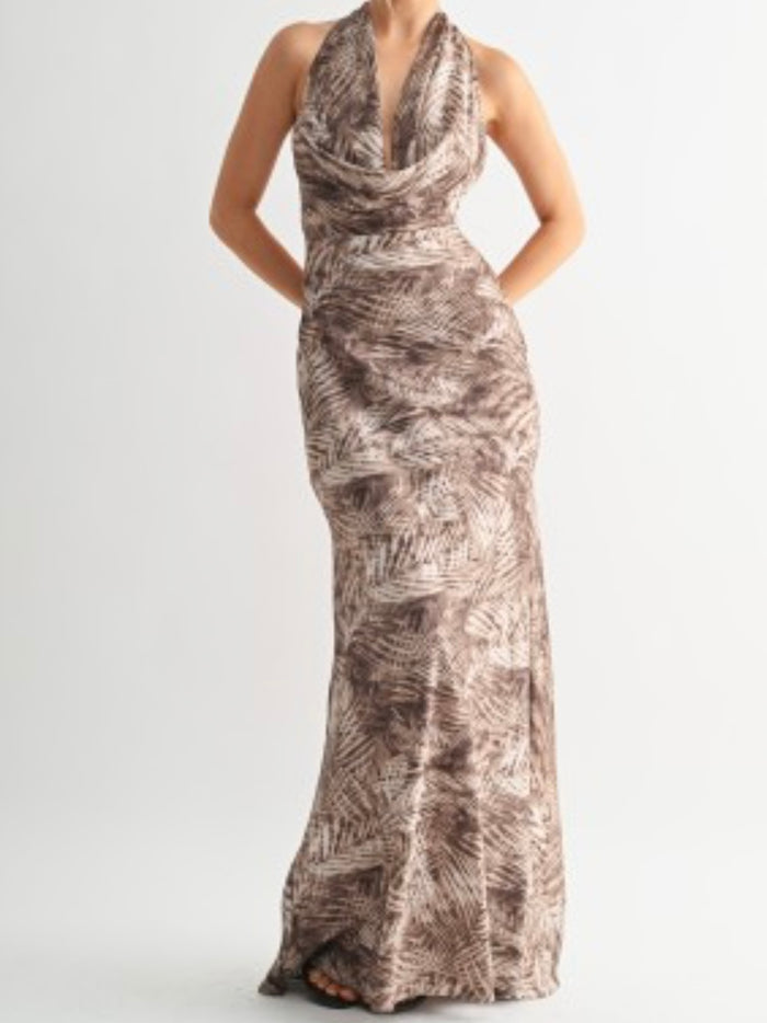 Beautiful Print Brown Draped Halter Maxi Dress