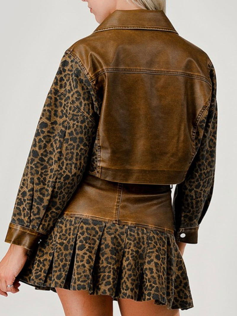 Pleather Detail Leopard Skirt