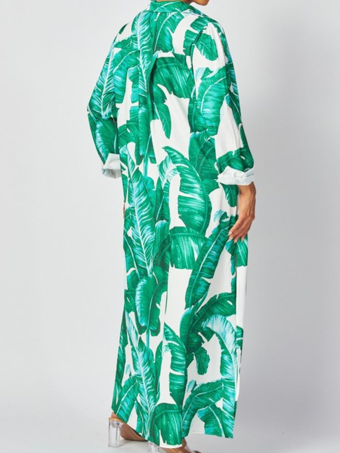 Green Tropical Leaves Blouse Midi Dress