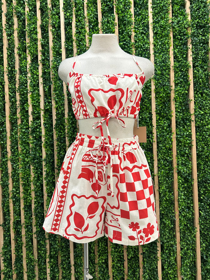 Red Food Print Short Pant Set