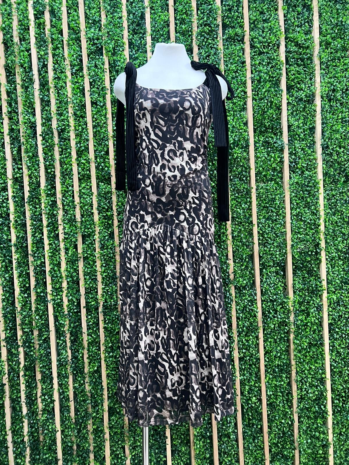 Bow Shoulder Black Leopard Maxi Dress