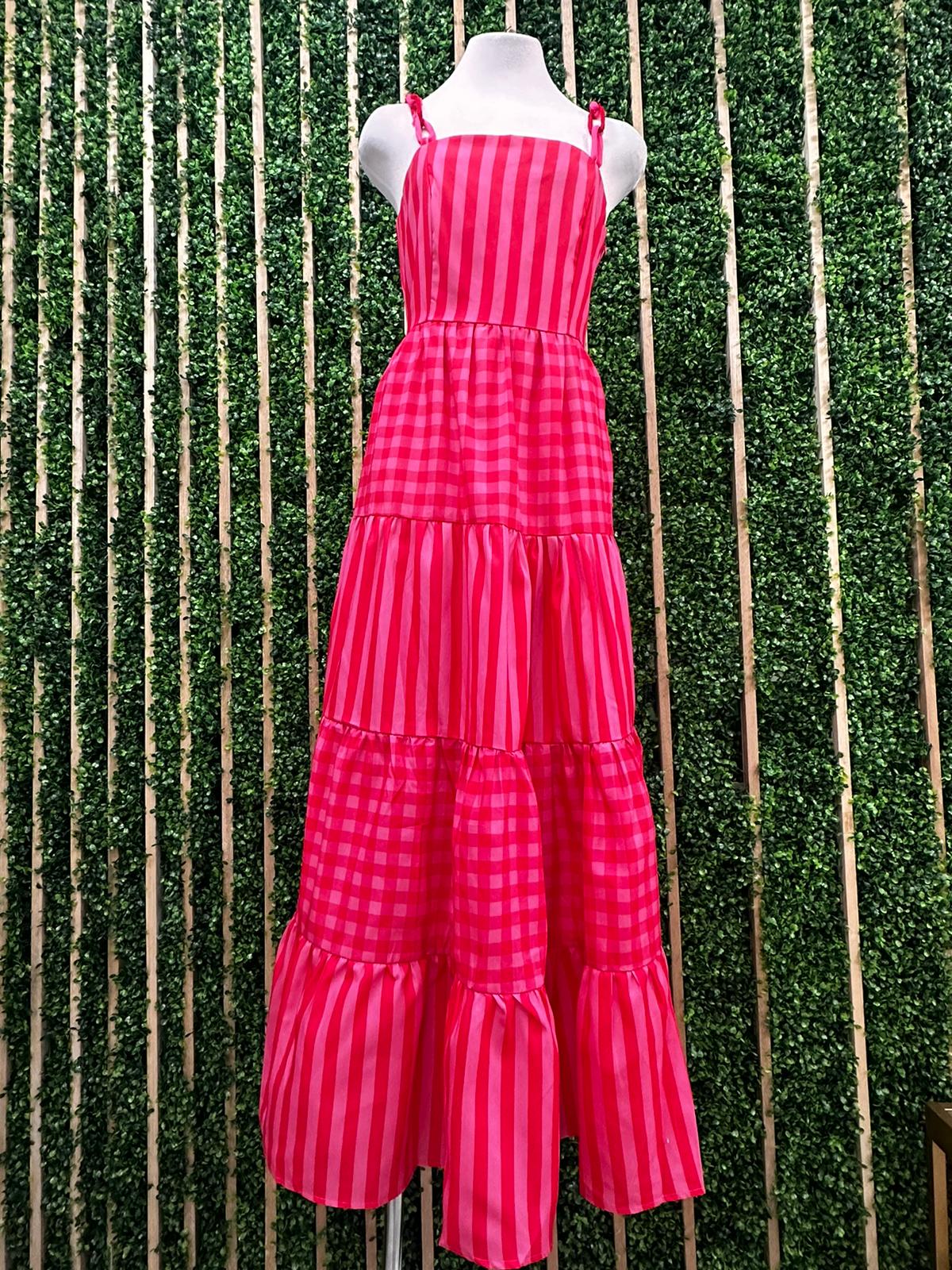 Pink Red Stripe Link Straps Maxi Dress