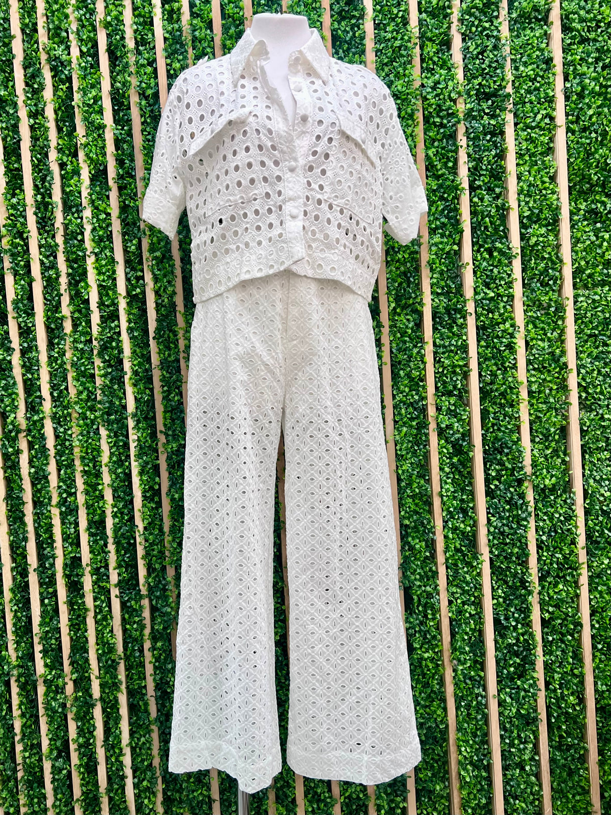 White Eyelet Embellished Long Pant Set