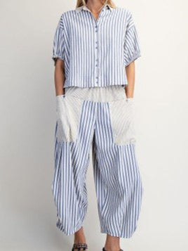 Blue Stripe Cropped Button-Up Shirt
