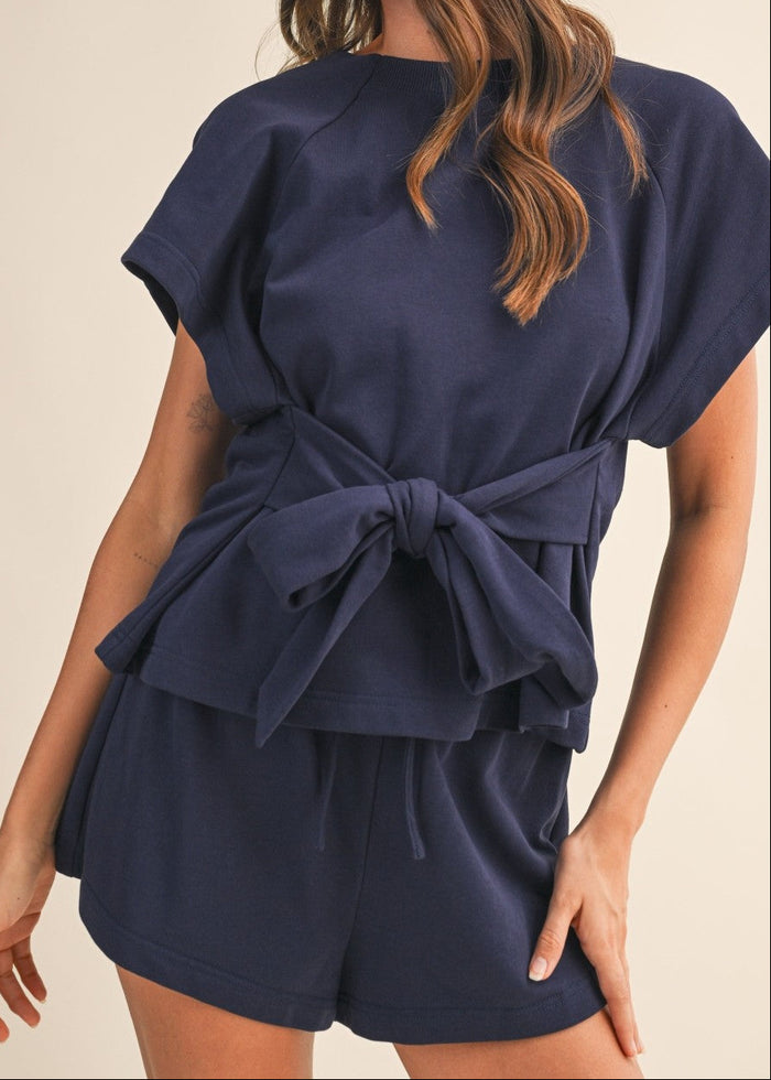 Navy Short Sleeve Knit Top And Short Pants Set