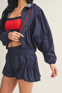 Navy Polka Dot Windbreaker Jacket & Ruffle Shorts Set