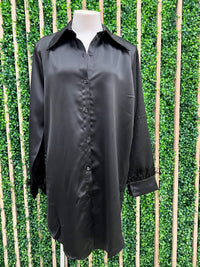 Black Satin Feather Trim Blouse Dress