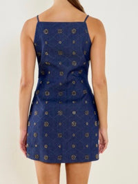 Square Neck Embellished Denim Mini Dress