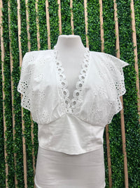 White Eyelet Detail v Neck Crop Top