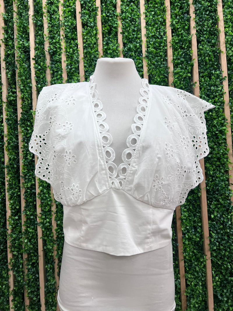 White Eyelet Detail v Neck Crop Top