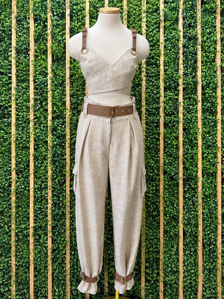 Ivory Linen-Blend Cargo Set with Buckle Details