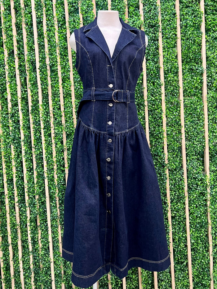 Fitted Indigo Neckline Denim MIDI Dress
