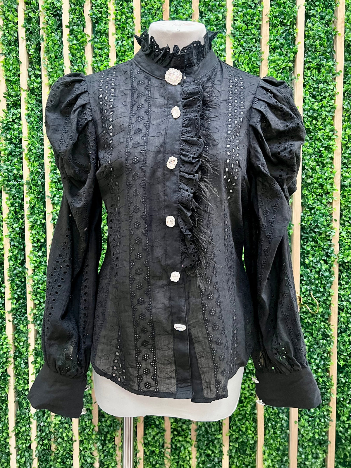 Black Eyelet Long Sleeve Feather Trim Blouse