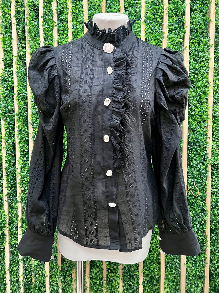 Black Eyelet Long Sleeve Feather Trim Blouse