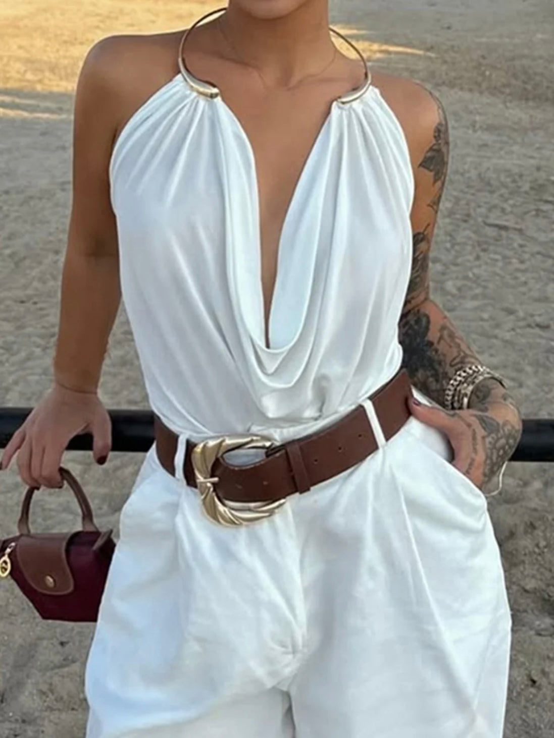 White Draped Metal Neck Halter Top