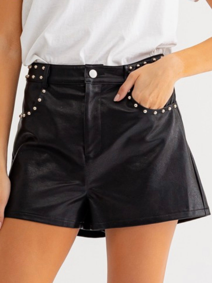 Black Pleather Stud Detail Shorts