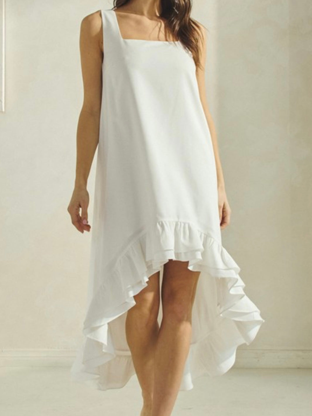 Ruffled Hi Low Square Neck Midi Dress