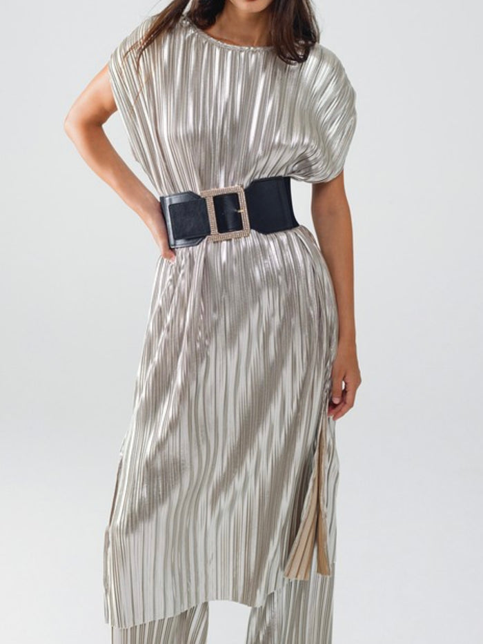 Silver Pleated Sleeveless Dress