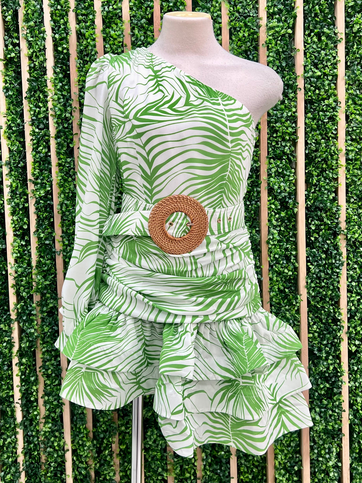 Green Tropical One Shoulder Dress