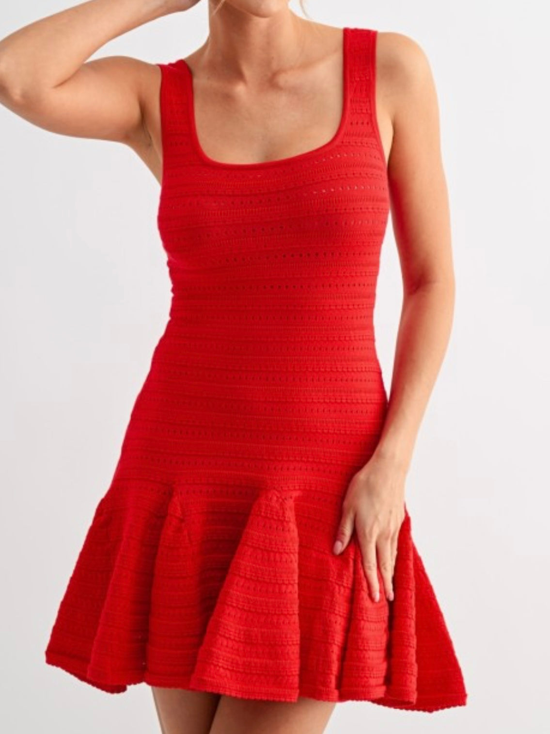 Beautiful Red Square Neck Fit & Flare Knit Short Dress