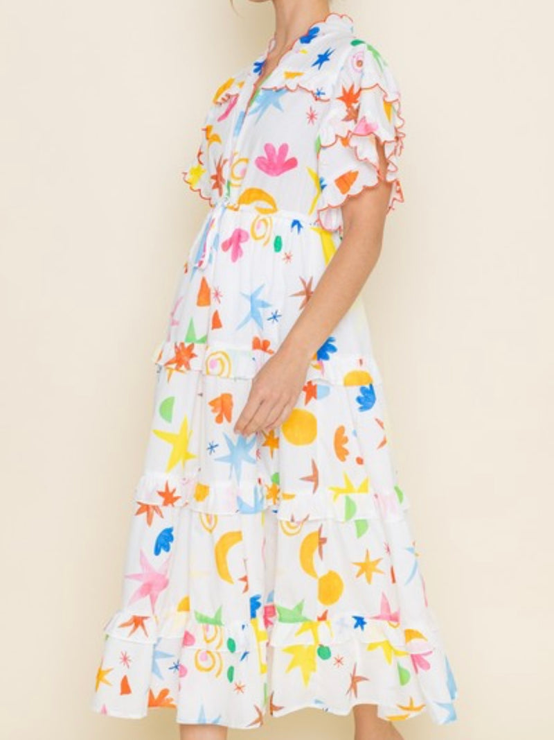 Fun Print Ruffle Sleeve Midi Dress