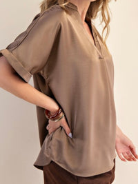 Mocha V Neck Rolled Sleeves Top