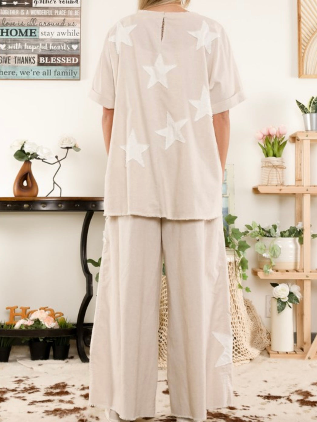 Natural White Star Patch Linen Pant Set