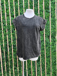 Crinkled Wash Round Neck Folded Short Sleeve Top