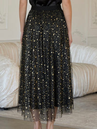 Black Gold Stars Mesh Midi Skirt