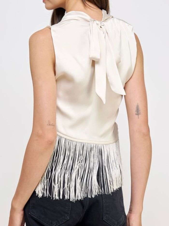 Cowl Neck Fringed Satin Top