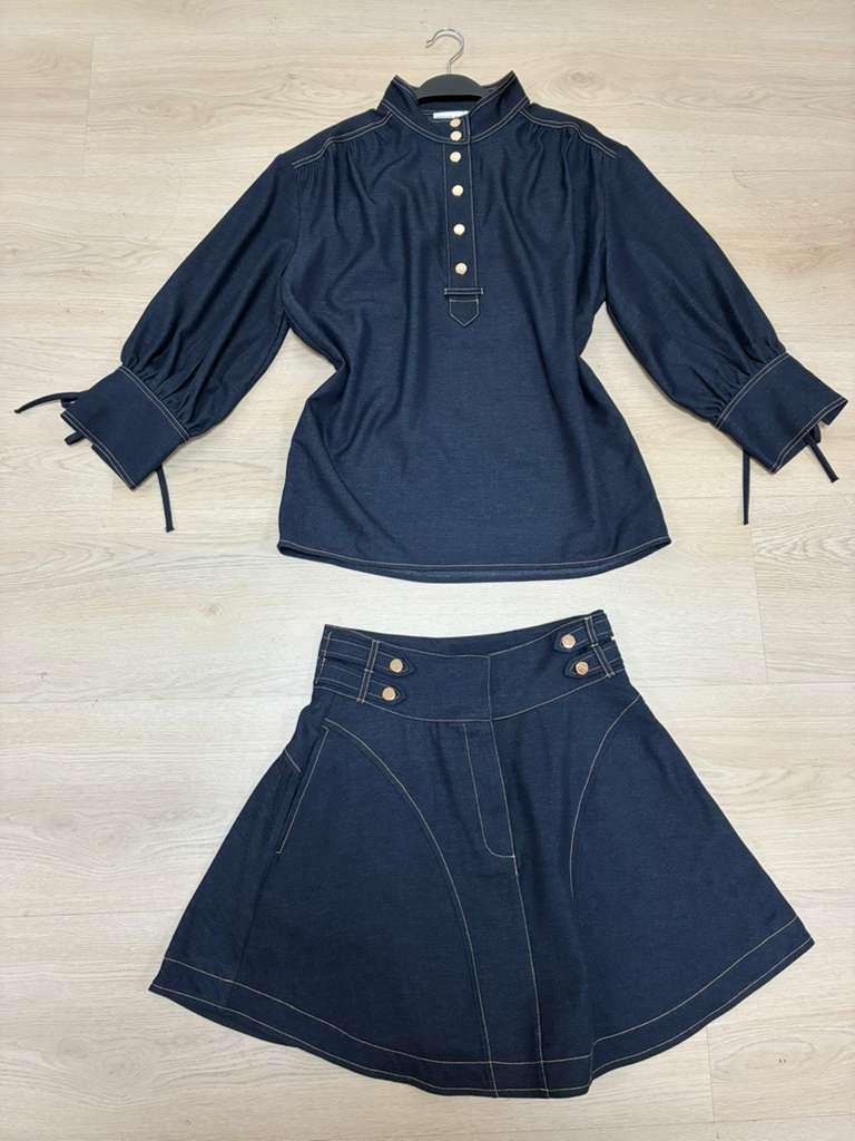 Stretch Denim Long Sleeve Blouse